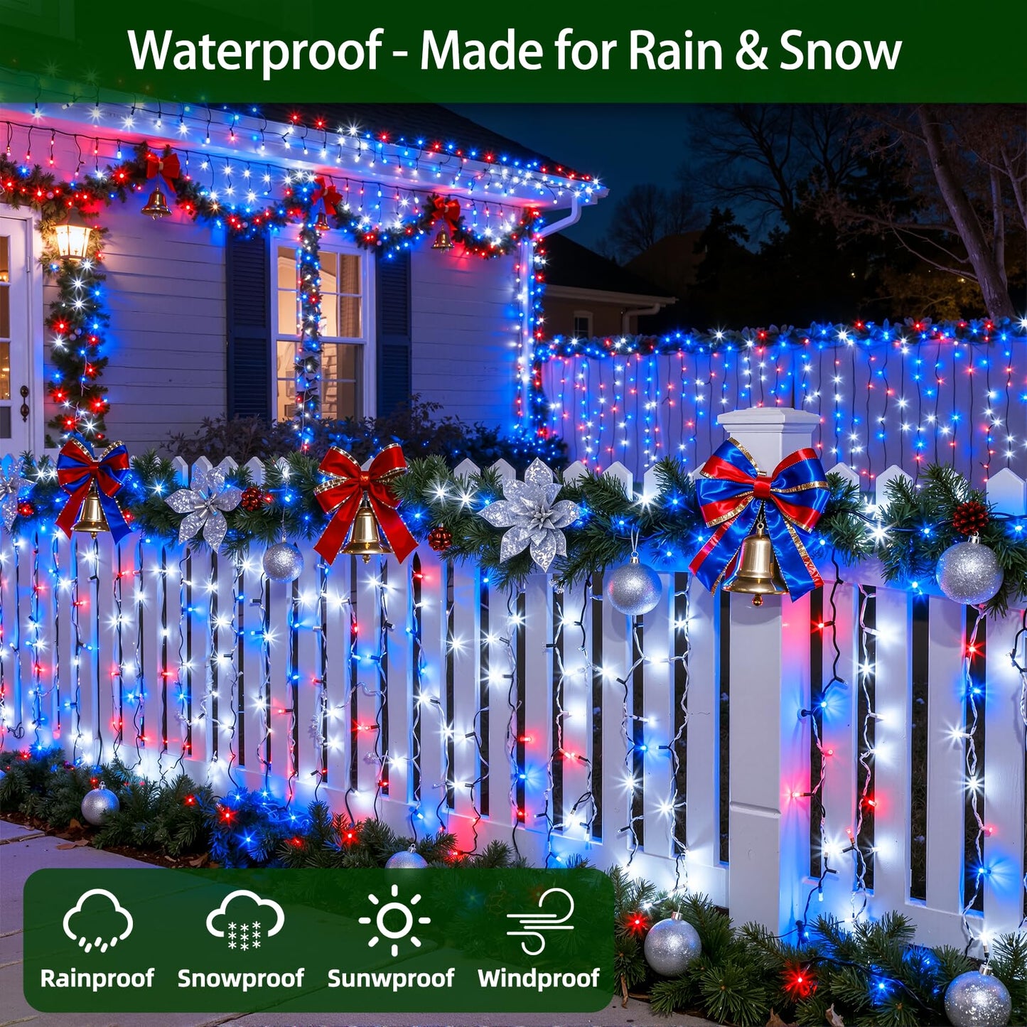 1500 Led 470Ft Christmas Lights Outdoor 12 Lighting Modes Christmas String Lights With Timer  Dimmable Plug In Red White And Blue Led Stringlights Waterproof For Yard Tree Wedding Party Holiday