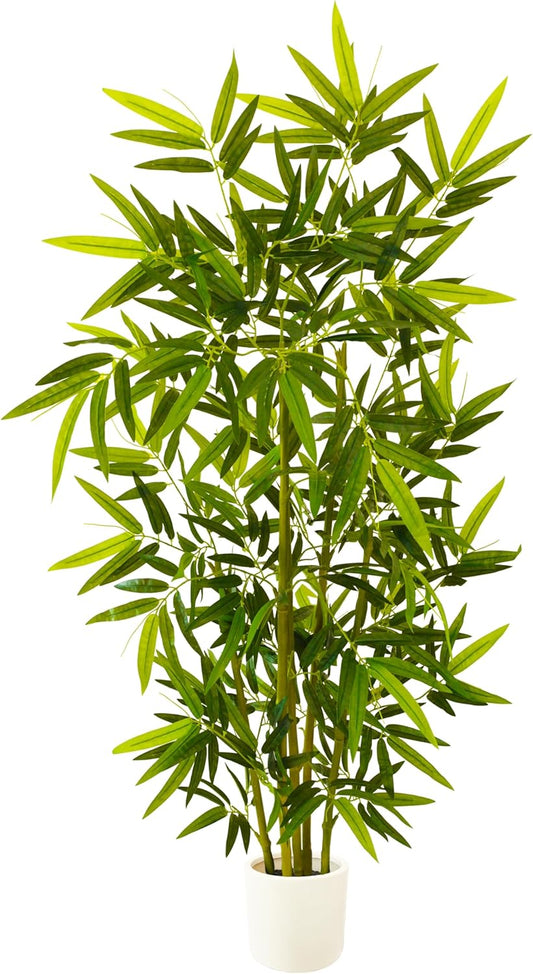 Artificial Bamboo Tree, 5ft Tall Fake Bamboo Plant with White Planter, Faux Trees with 5 Trunks and Lifelike Leaves for Indoor Outdoor Home Office Décor