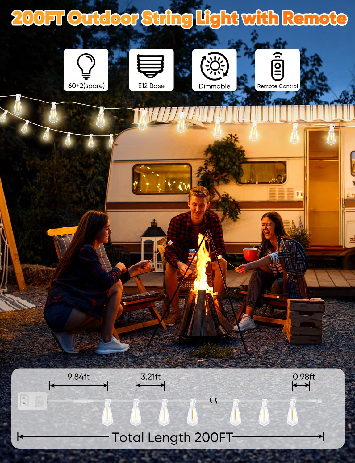 Brightever Outdoor String Lights With Remote  200Ft Led Patio Lights With 62 St38 Led Filament Bulbs  3 Lighting Modes  3H/5H Timer  Waterproof Ip65 String Light For Outside  E12 Socket Base  White