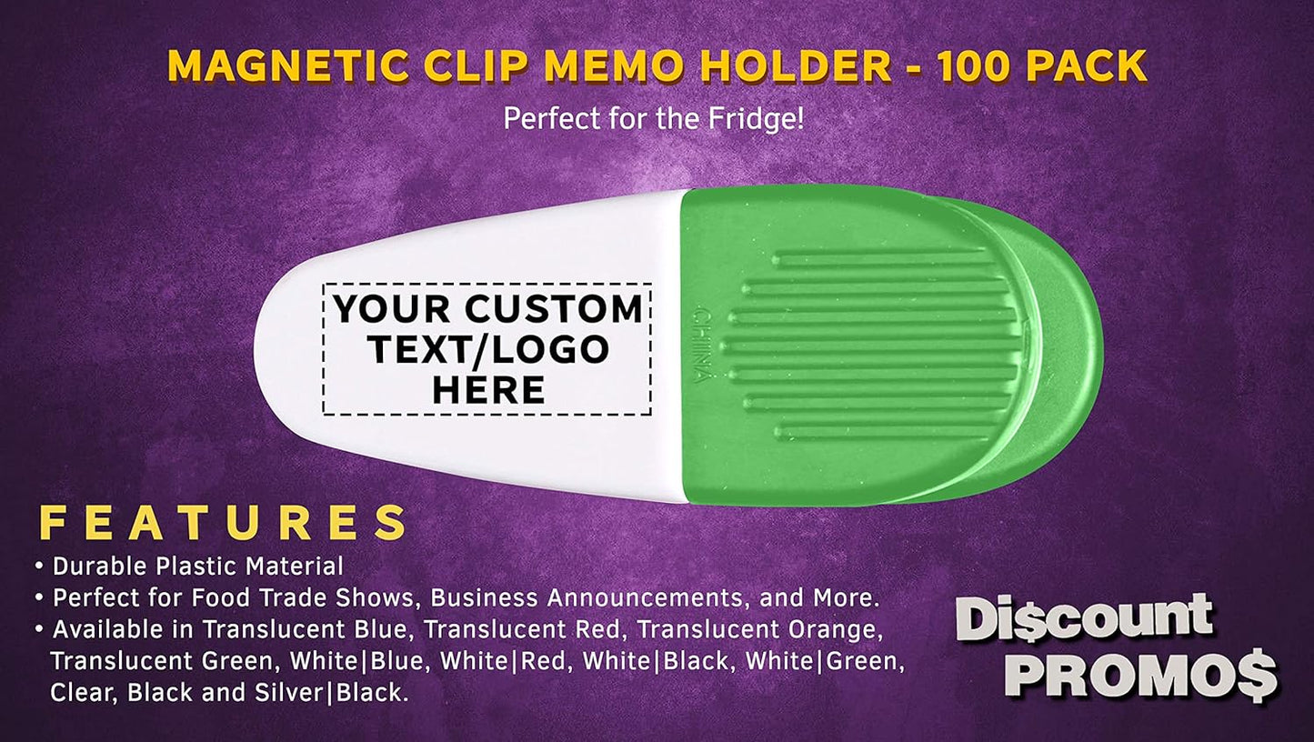 100 Magnetic Memo Holders Set - Customizable Text, Logo - Large Clip, Plastic - White Green