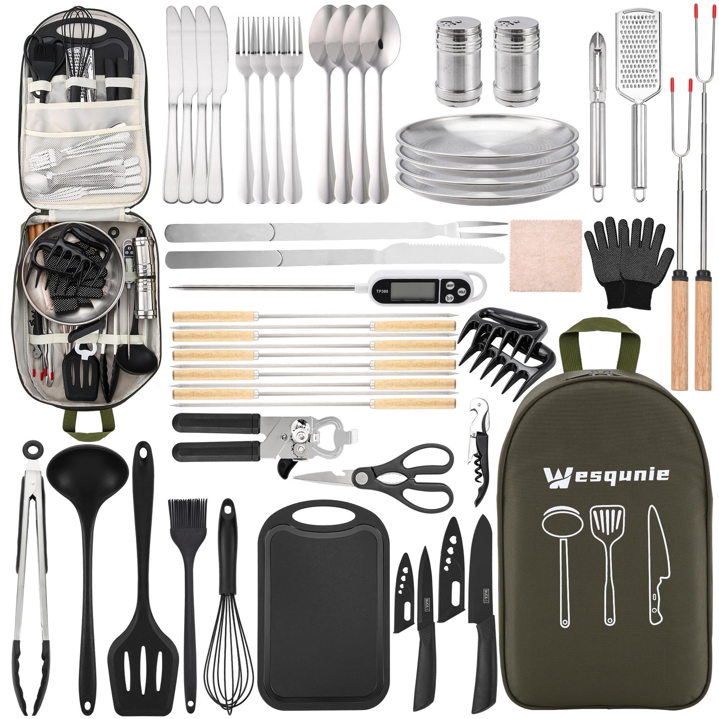 Camping Essentials Cookware Cooking Utensils Set - Portable Camp Kitchen Mess Kit Outdoor Accessories, Stainless Steel & Silicone, Camping Gear Equipment for RV Picnic Grill