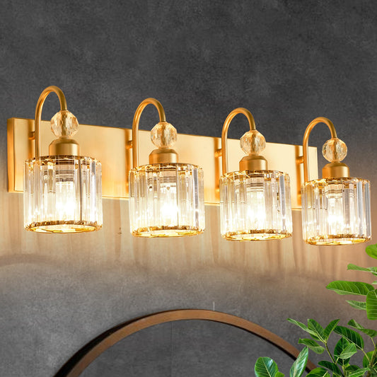 Diamondforge Bathroom Vanity Light Fixtures Over Mirror - Makeup Lighting Pure Gold - For Modern Wall  Bath  Desk  Farmhouse  Hallway - 4 Crystal Lights