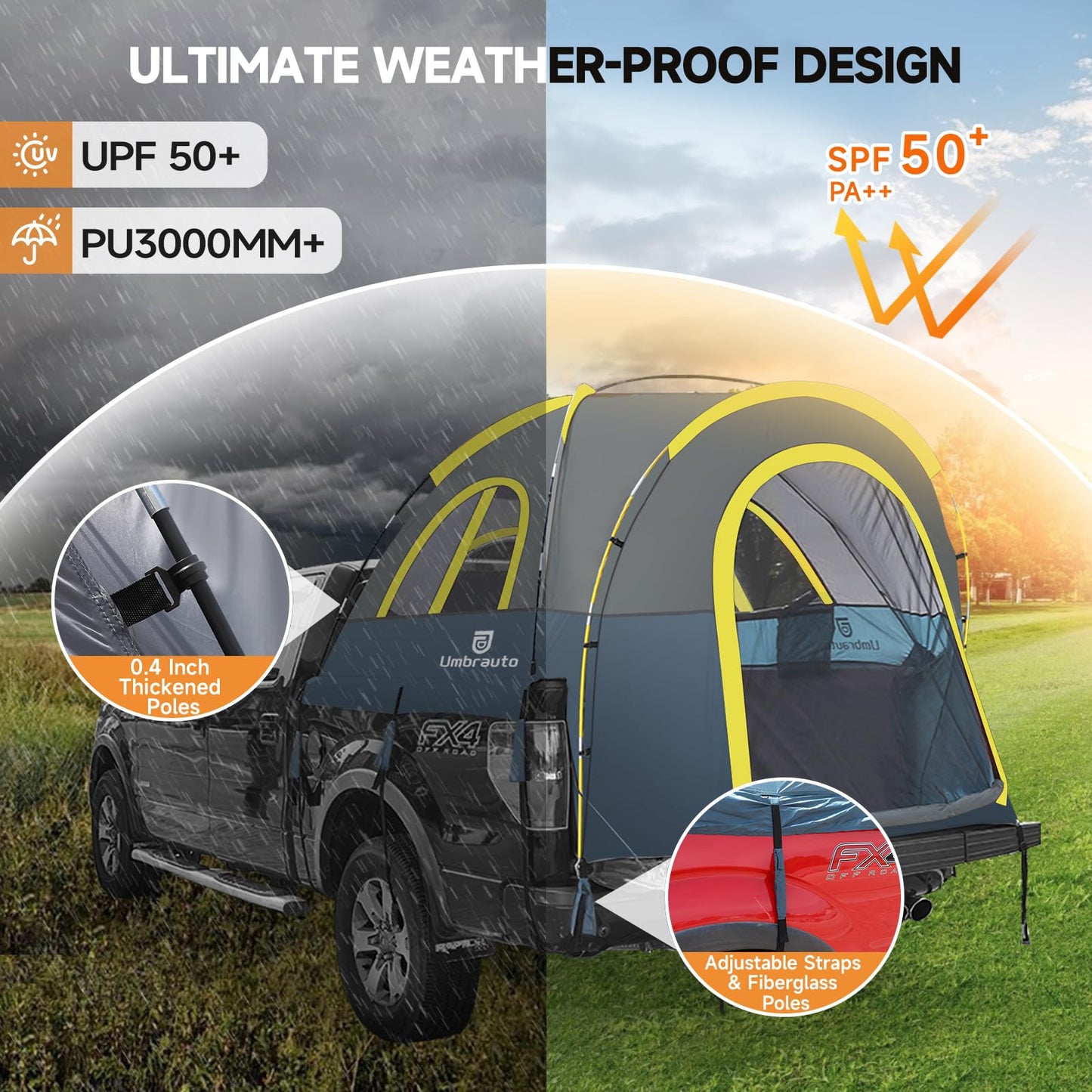 Truck Bed Tent 6.5ft: Easy Set Up Umburato Pickup Truck Tents for Camping, Waterproof PU3000mm Canopy for Truck Camper, Portable, Spacious for 2 Person Blue