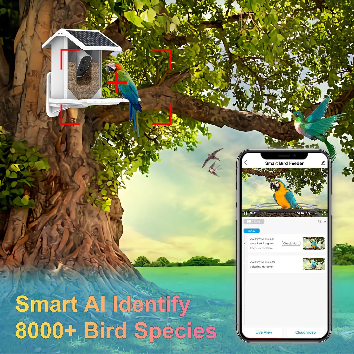 Smart Bird Feeder, AI Bird Watching Camera, AI Identify Bird Species, High-definition 1080P and Support 8-128G TF Card & Cloud Storage, for Outside, Yard, House, Tree, Bird Lover