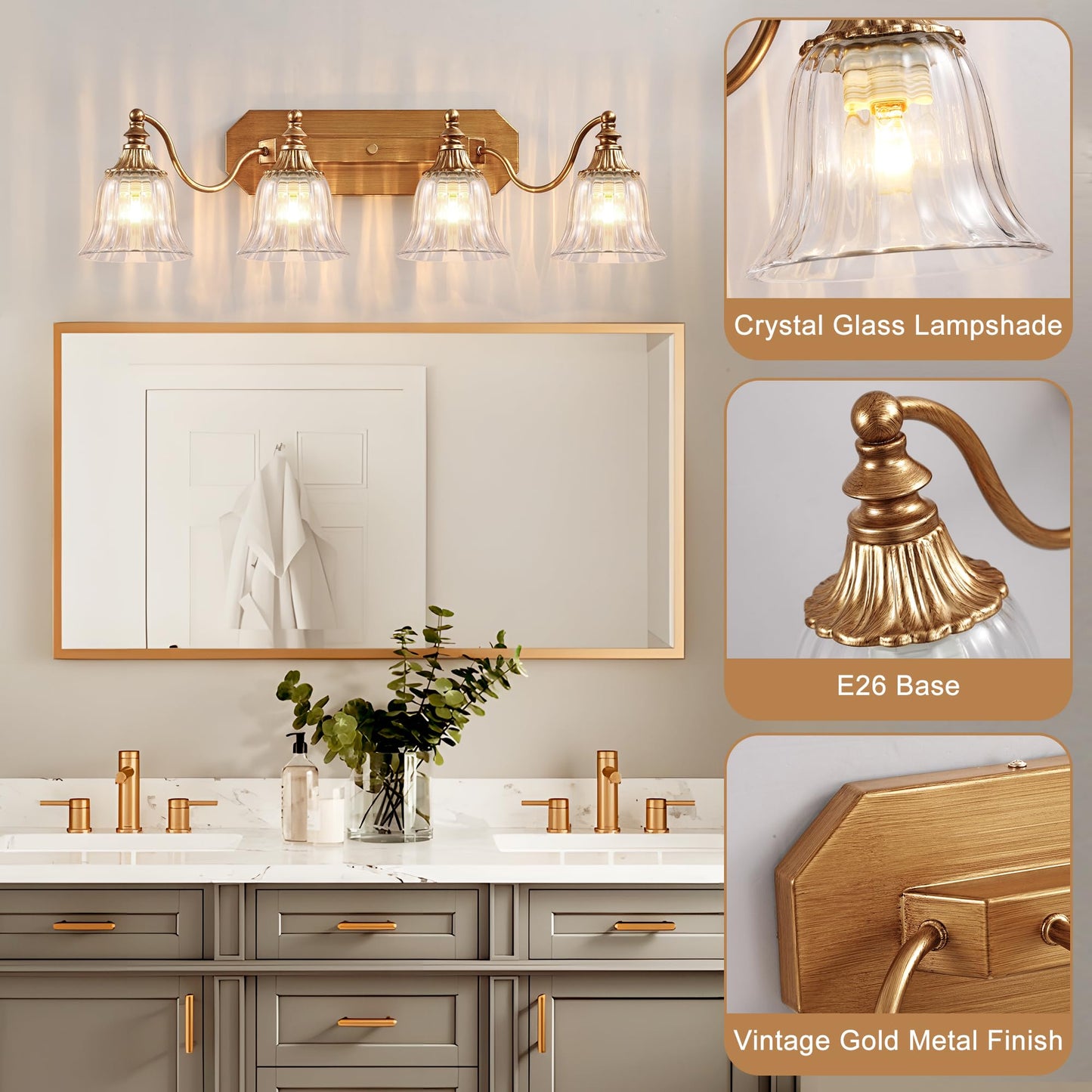Dvmteom Gold Vintage Bathroom Light Fixtures  4-Lights Bathroom Vanity Light  Antique Brushed Gold Lighting Fixtures Over Mirror With Crystal Glass Shade  Wall Sconce Lighting