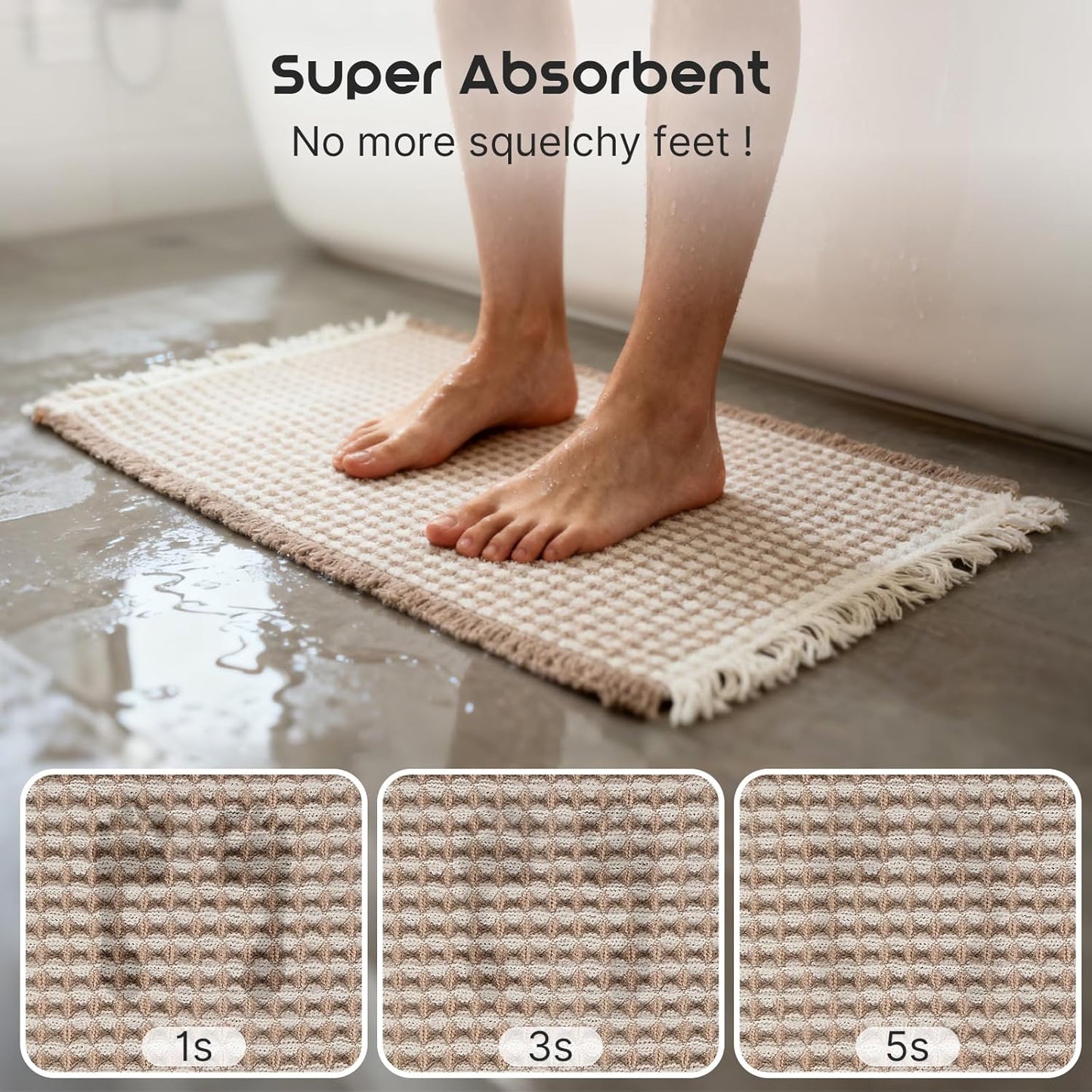 ArtyCozy Waffle Bath Mat Set of 2, Super Absorbent Soft Non-Slip Boho Bath Rugs with Flat-Woven Hot Glue Backing for Bathroom, Machine Washable Bath Mats, 18" × 30" Plus 24" × 72", Brown & White