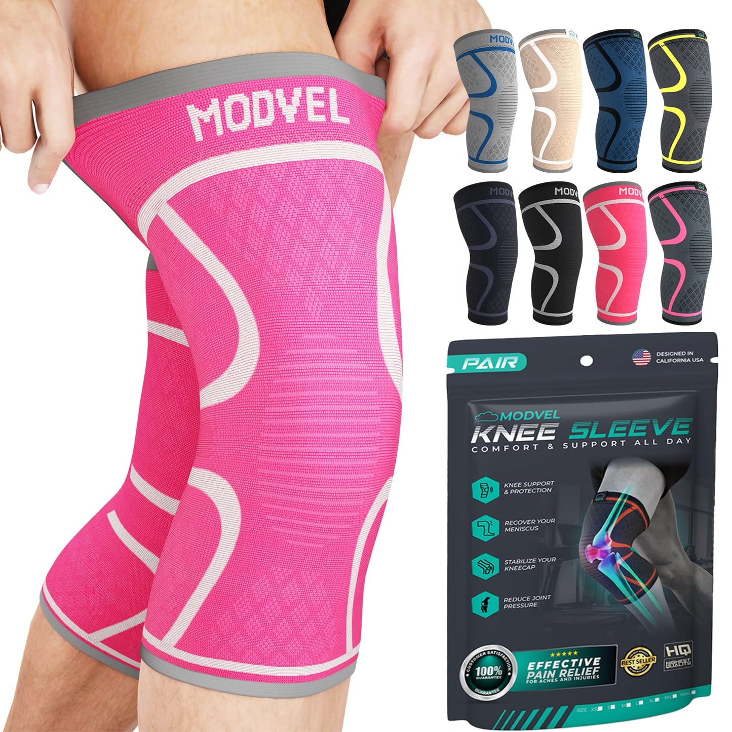 Modvel 2 Pack Knee Brace for Women & Men - Workout Knees Compression Sleeve for Knee Pain Relief Joint Support for ACL, Arthritis, Meniscus Tear Knees Brace for Sports, Rodilleras para Gym Fitness