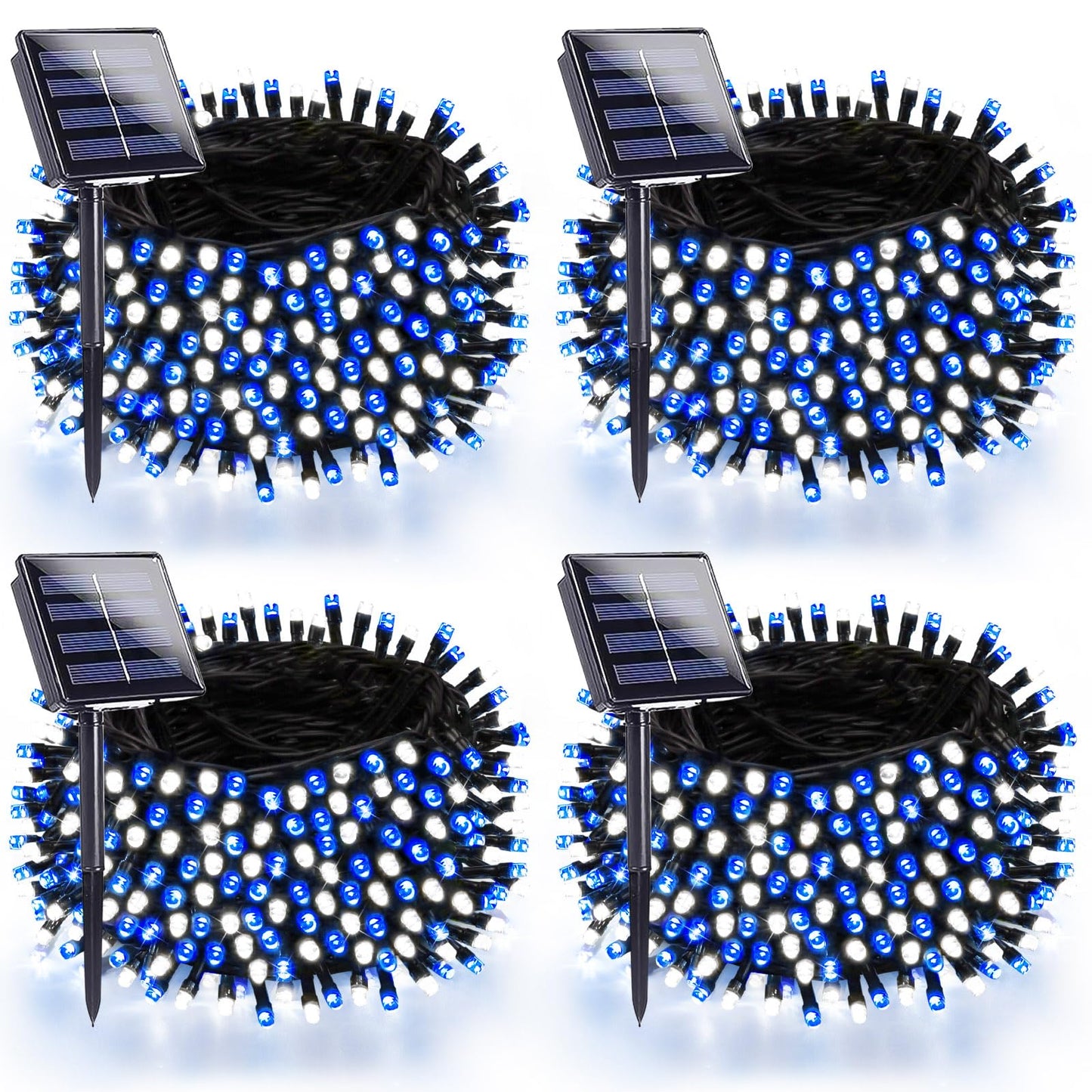 4 Pack 180Ft Solar Christmas Lights Outdoor Waterproof  Super Bright 320 Led Solar String Lights With 8 Lighting Modes  Green Wire Twinkle Tree Light For Outside Xmas Party Decorations(Blue And White)