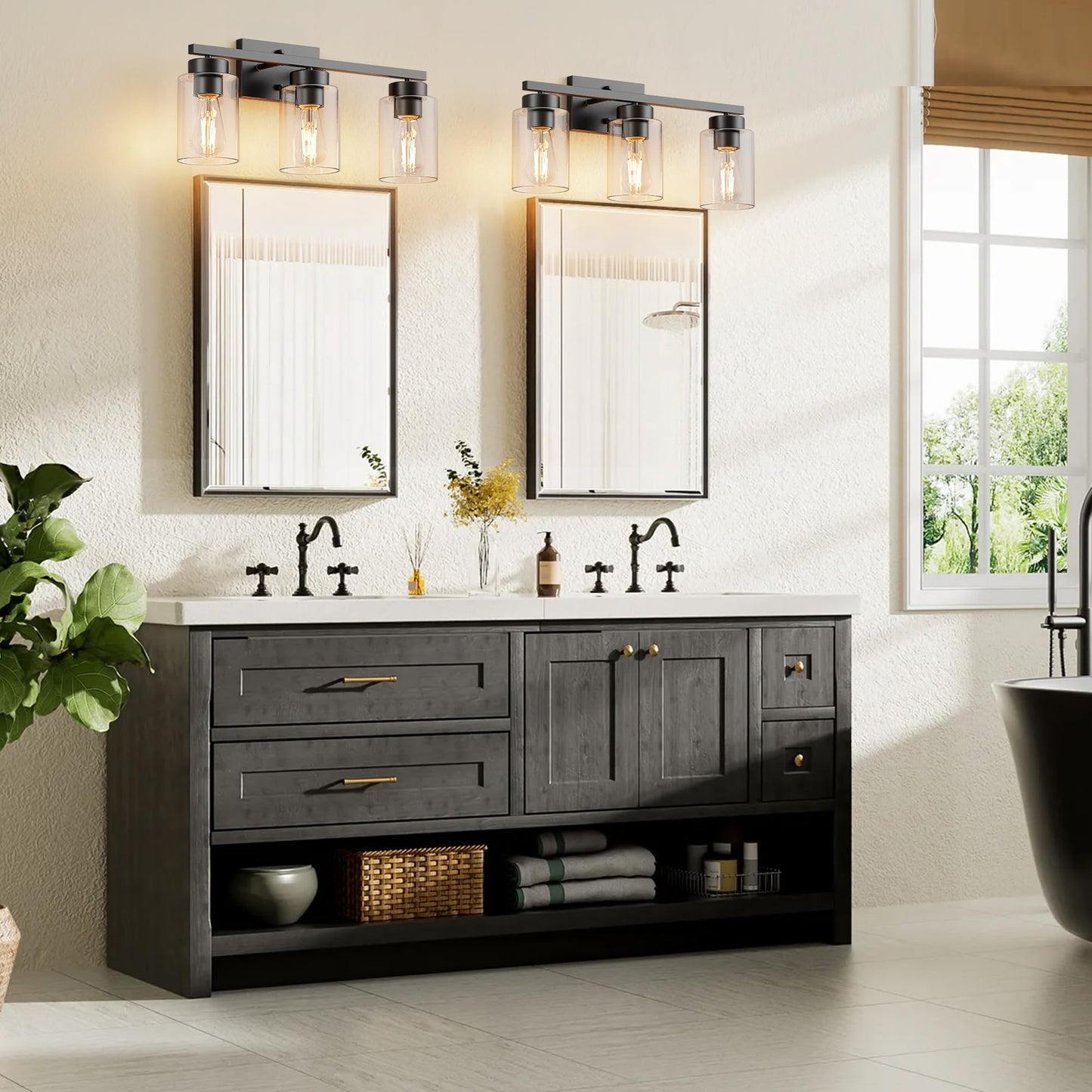 Partphoner 3-Light Bathroom Light Fixtures  Matte Black Vanity Light With Clear Glass Shade  Modern Wall Sconce For Mirror Bedroom Living Room Hallway Lighting