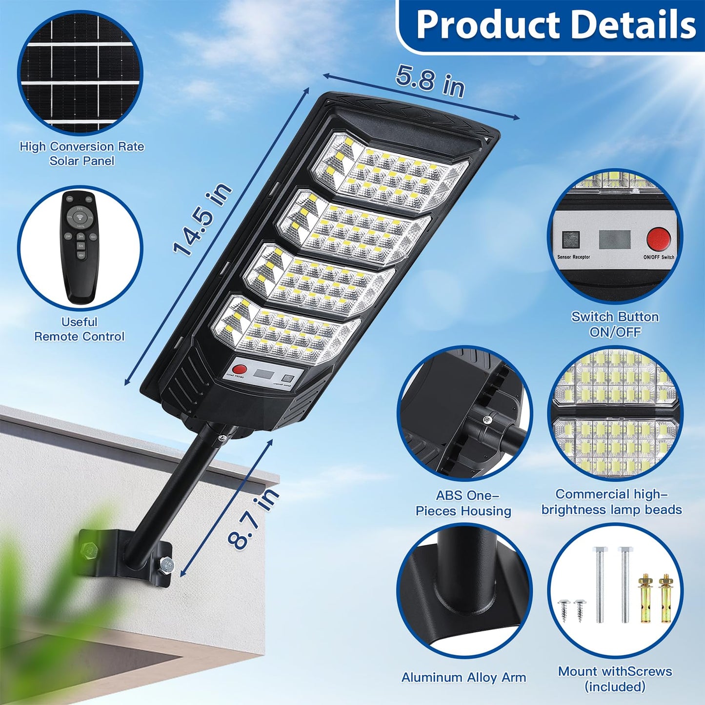 4 Pack Solar Street Lights Outdoor Waterproof  20000Lm 6500K Led Solar Motion Sensor Light Outdoor  Dusk To Dawn Flood Lights Remote Control  Commercial Area Parking Lot Light