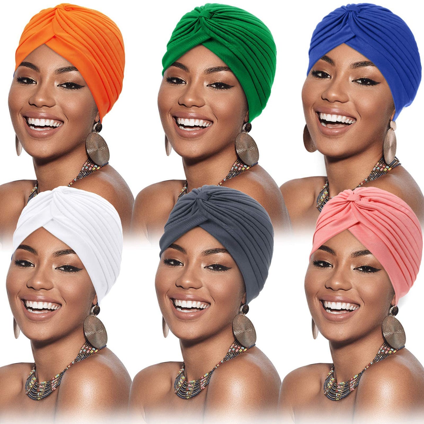 SATINIOR 6 Pieces Stretchy Beanie Turbans for Women Soft Pre Tied Knot Chemo Turban Head Wraps for Women Sleep Hats, 6 Colors