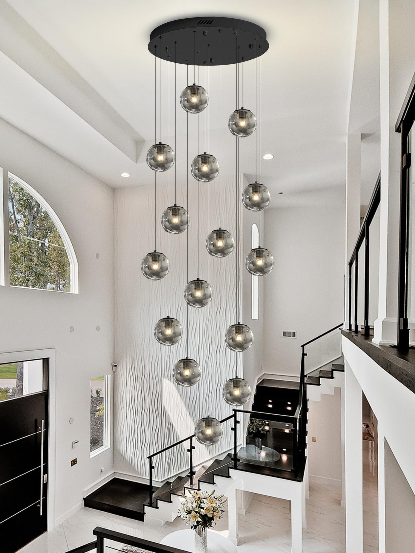 Ykolupty H138 Modern Smoke Gray Glass Globe Chandelier Large Chandeliers For High Ceiling 15-Lights Entryway Modern Lighting Fixture Glass Globe Pendant Light For Living Room Foyer Hallway