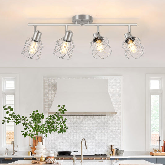 Baocuz 4-Light Kitchen Lighting Fixtures  Adjustable Multi-Directional Brushed Nickel Track Ceiling Light  Semi Flush Mount Ceiling Spotlight With Wire Cages For Living Room  Bedroom  Hallway