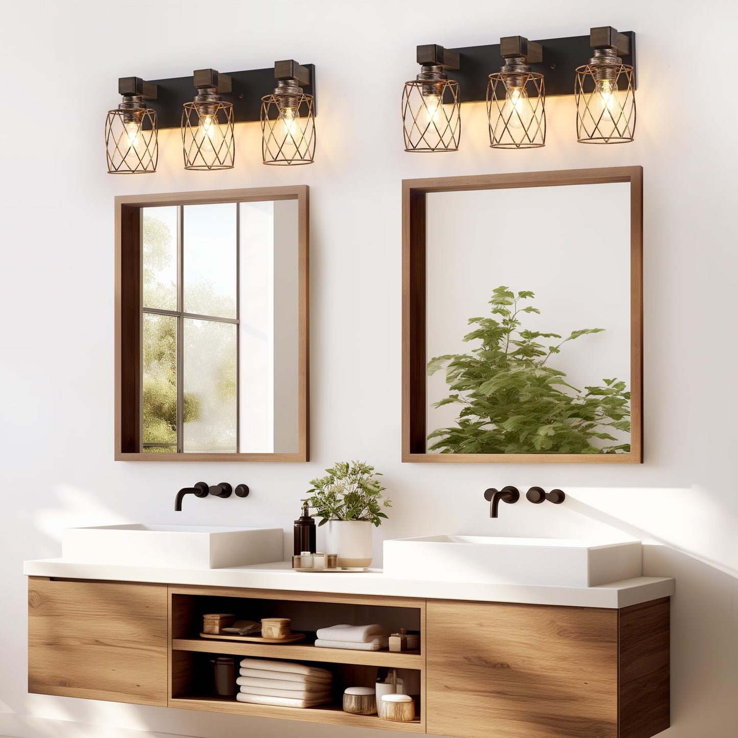 Farmhouse Bathroom Vanity Light  3-Light Wood Bathroom Light Fixtures Over Mirror  Black And Gold Industrial Vanity Lights With Metal Shade  Rustic Bathrooms Lighting For Living Room Bedroom Hallway