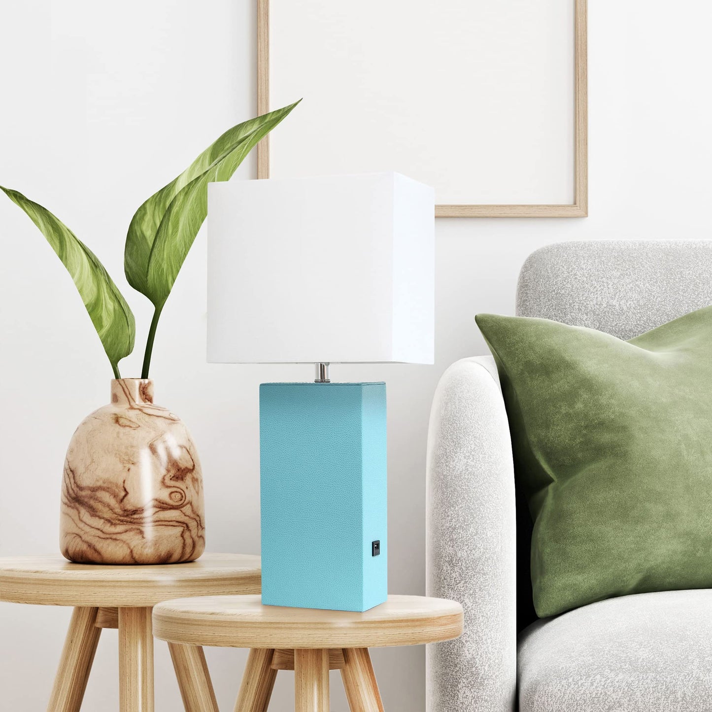 Lalia Home Bedside Table Lamp with USB Charging Port, 21in Aqua Leather Base, White Fabric Shade, Model 1270-LHT-3012-AU