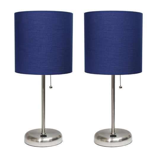 Simple Designs LC2002-NAV-2PK Brushed Steel Table Lamp Set with USB Charging Port, Navy Blue Shades, 2 Pack