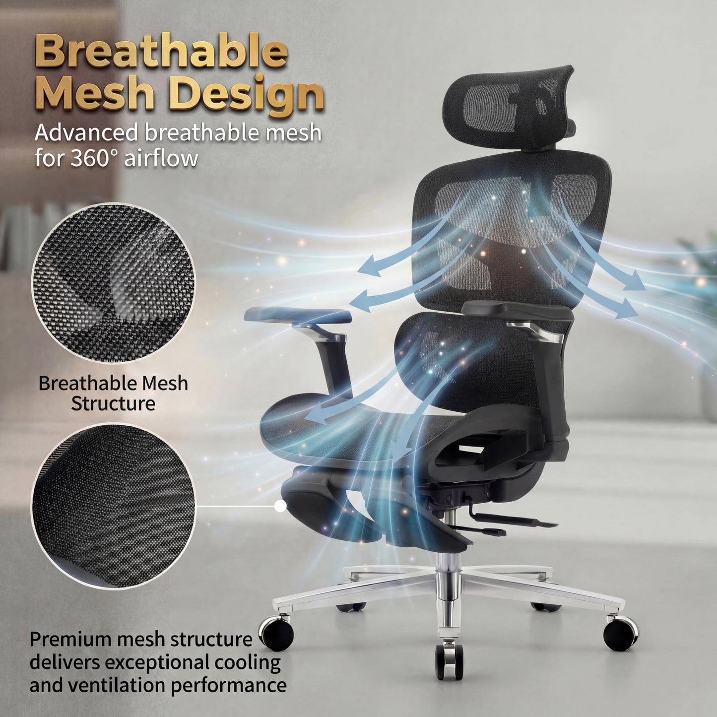 Ergonomic Office Chair with Footrest & Massage Lumbar Support – 4D Headrest & 6D Armrests, Reclining Big and Tall 400LBS Mesh Chair, Adjustable Seat Depth & Back Height, for Home Office/Gaming (Black)