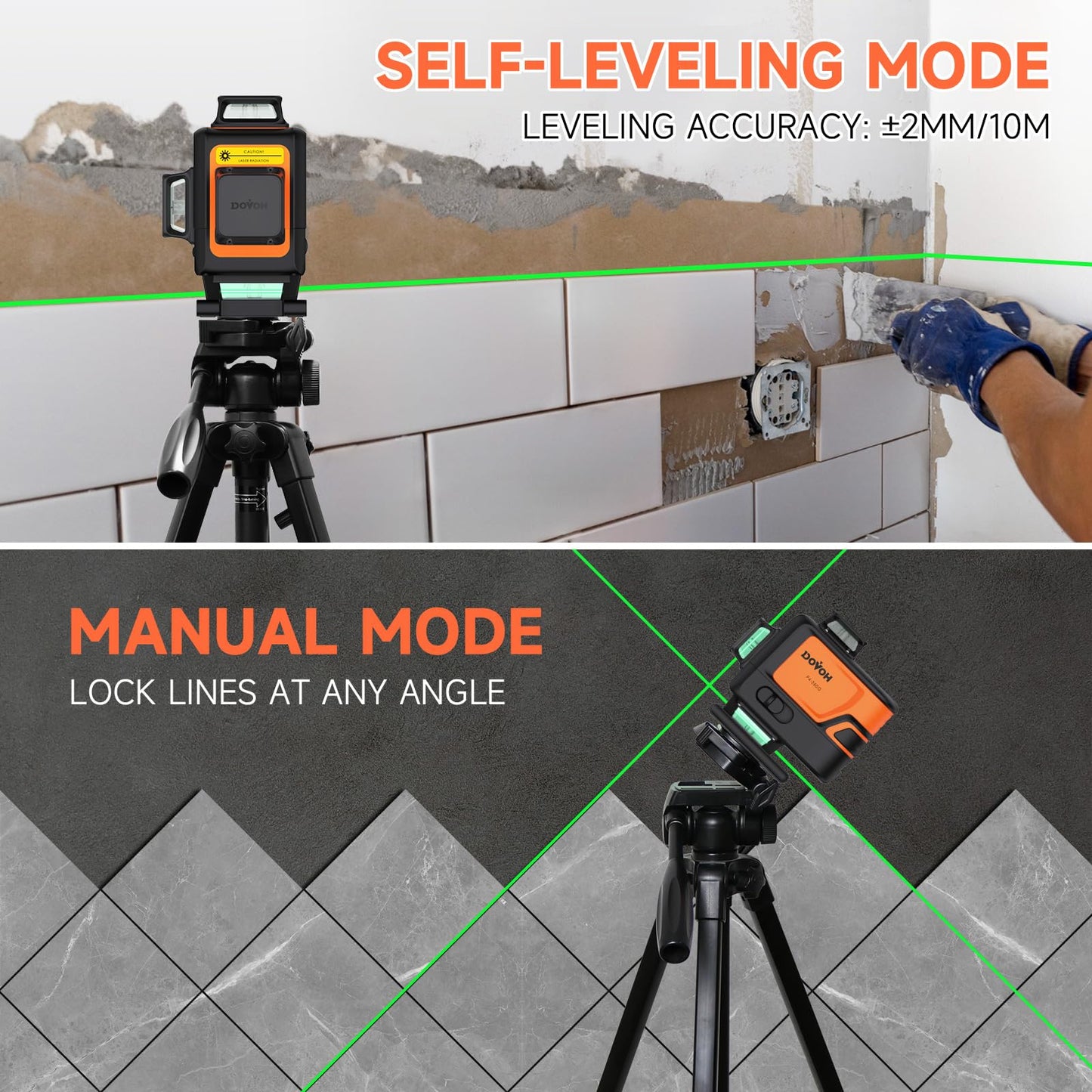 DOVOH 4D Laser Level 360 Self Leveling : High Accuracy Green Beam Rechargeable 4x360 Floor Laser Levels for Construction Tiling Ceiling Framing, Class Ⅱ, P4-360G
