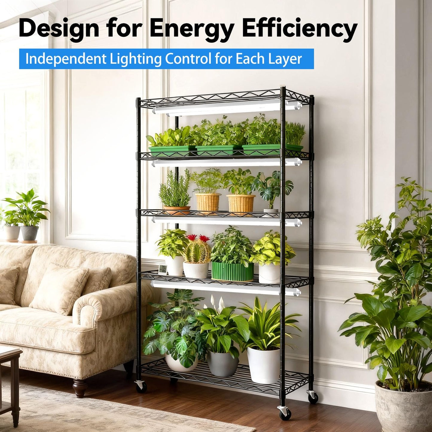 Jesled Indoor Greenhouse With Grow Light  3Ft Full Spectrum 5000K Led Light For Seed Starting  Tiered Lighting Control  Built-In Timer & Thermo-Hygrometer  Rolling Metal Plant Stand (35.4X13.8X70In)