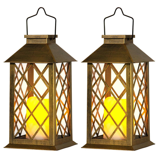 Otdair Solar Lanterns Outdoor Waterproof  2 Pack 14 Solar Lantern With Glass Retro Led Flickering Flameless Candle Lanterns Decorative Outdoor For Gift  Yard  Garden  Patio  Balcony  Brazen