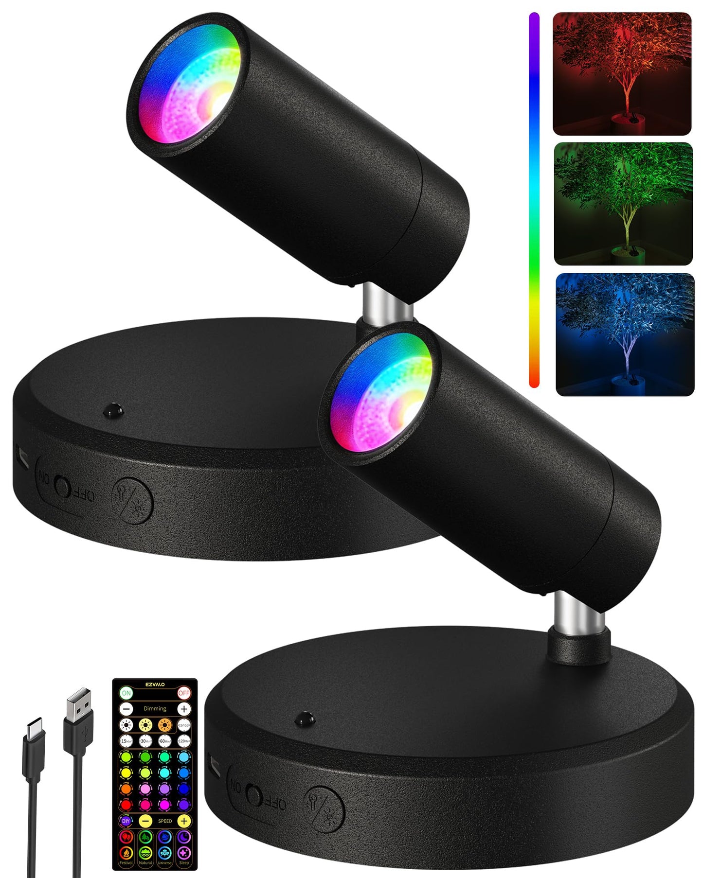 Ezvalo Rgb Spotlights Indoor With Remote  5500Mah Rechargeable Picture Lights  Diy Mode & 83 Color Changing Uplighting  Wireless Mini Accent Lighting For Christmas (2Pack-Black)