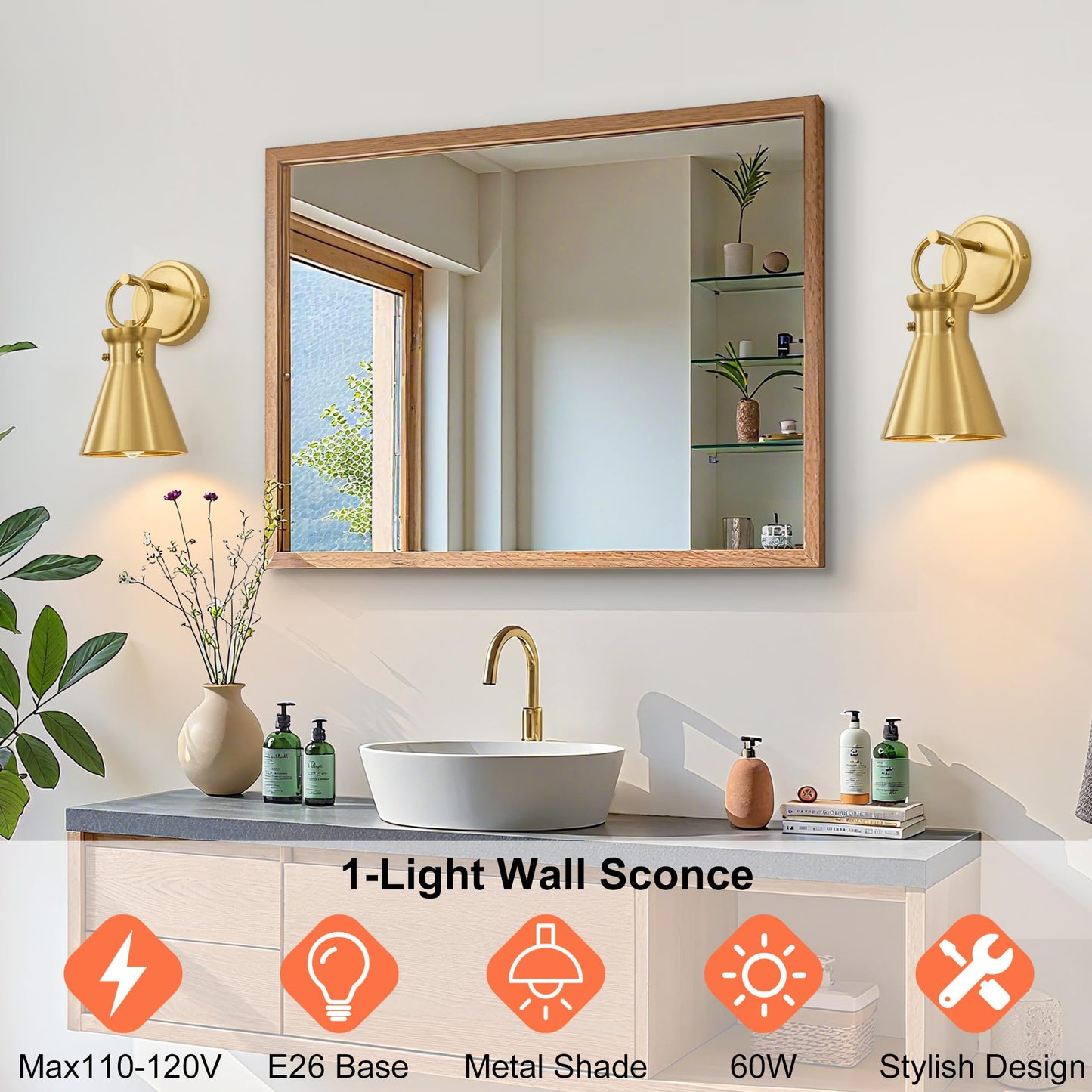 Gednbo Gold Wall Sconce For Bathroom  Modern Vanity Light Fixtures  Wall Mount Lighting Farmhouse Wall Lights With 6 Inch Metal Lampshade For Bedroom Living Room Mirror Kitchen (Gold Metal  1 Pack)