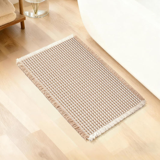 ArtyCozy Waffle Bath Mat, Super Absorbent Soft Non-Slip Boho Bath Rugs with Flat-Woven Hot Glue Backing for Bathroom, Machine Washable Bath Mats, 20" × 32", Brown & White