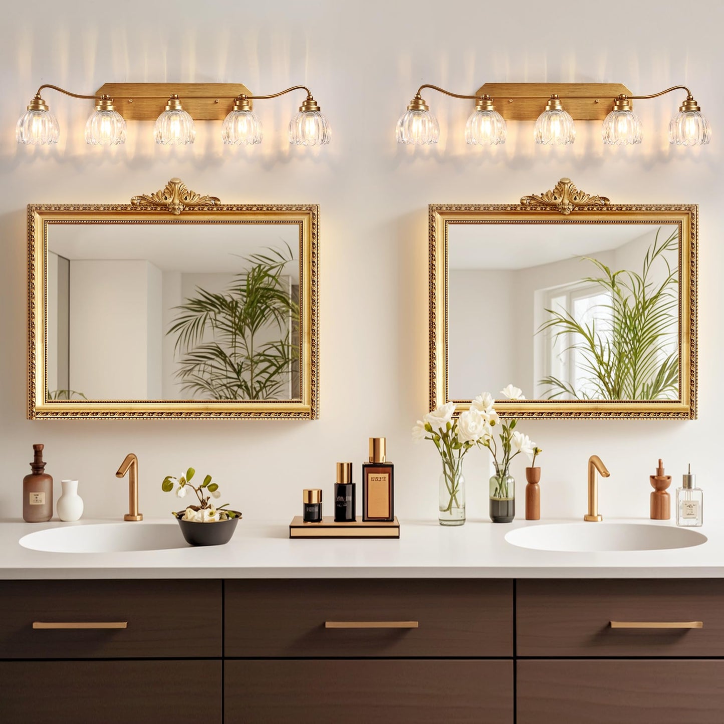 Vintage Bathroom Light Fixtures  5 Light Gold Bathroom Vanity Light  Matte Antique Brass Finish With Crystal Glass Shade  Wall Sconces Lighting For Bedroom  Living Room  Hallway