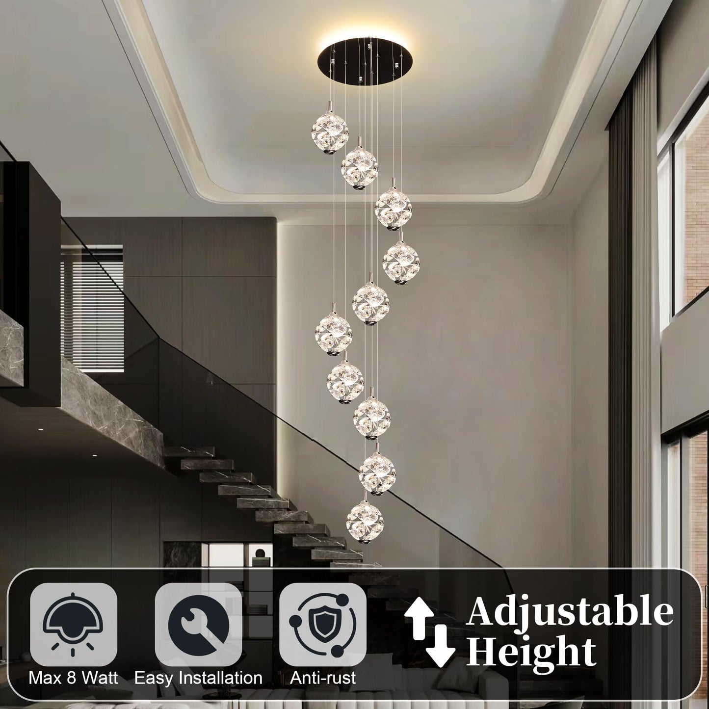 Kaucqi 10-Light High Ceilings Long Chandeliers Modern Crystal Staircase Chandelier Hanging Flush Mount Lighting Fixtures Long Raindrop Hanging Chandeliers For Staircase Foyer Entryway