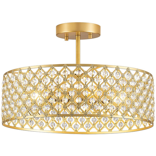 Bzvesr Gold Crystal Ceiling Light Fixture Modern Semi Flush Mount Ceiling Lighting Fixture Round Small Chandelier For Dining Room  Hallway  Entryway  Kitchen  Bedroom Foyer 4 Light 15.7 Inch