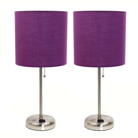 Simple Designs LC2001-PRP-2PK Brushed Steel Table Lamp Set with Purple Shades, 2 Pack
