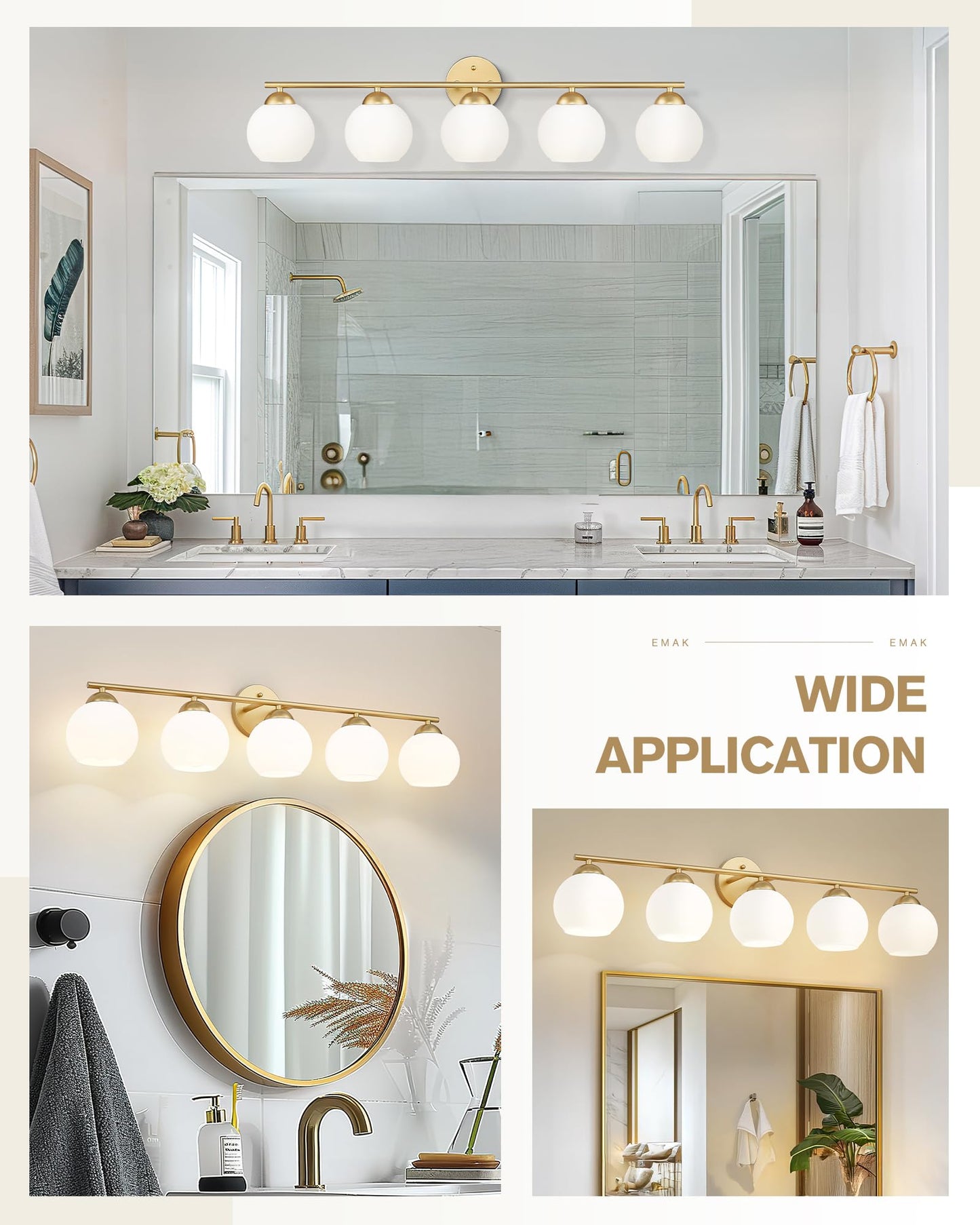 Emak 37 Inch Globe Bathroom Lighting Fixtures Over Mirror  Gold Vanity Lights With Milk Glass Shade  Modern 5-Light Bathroom Vanity Light For Mirror  Vl114-Gd-Ml-5