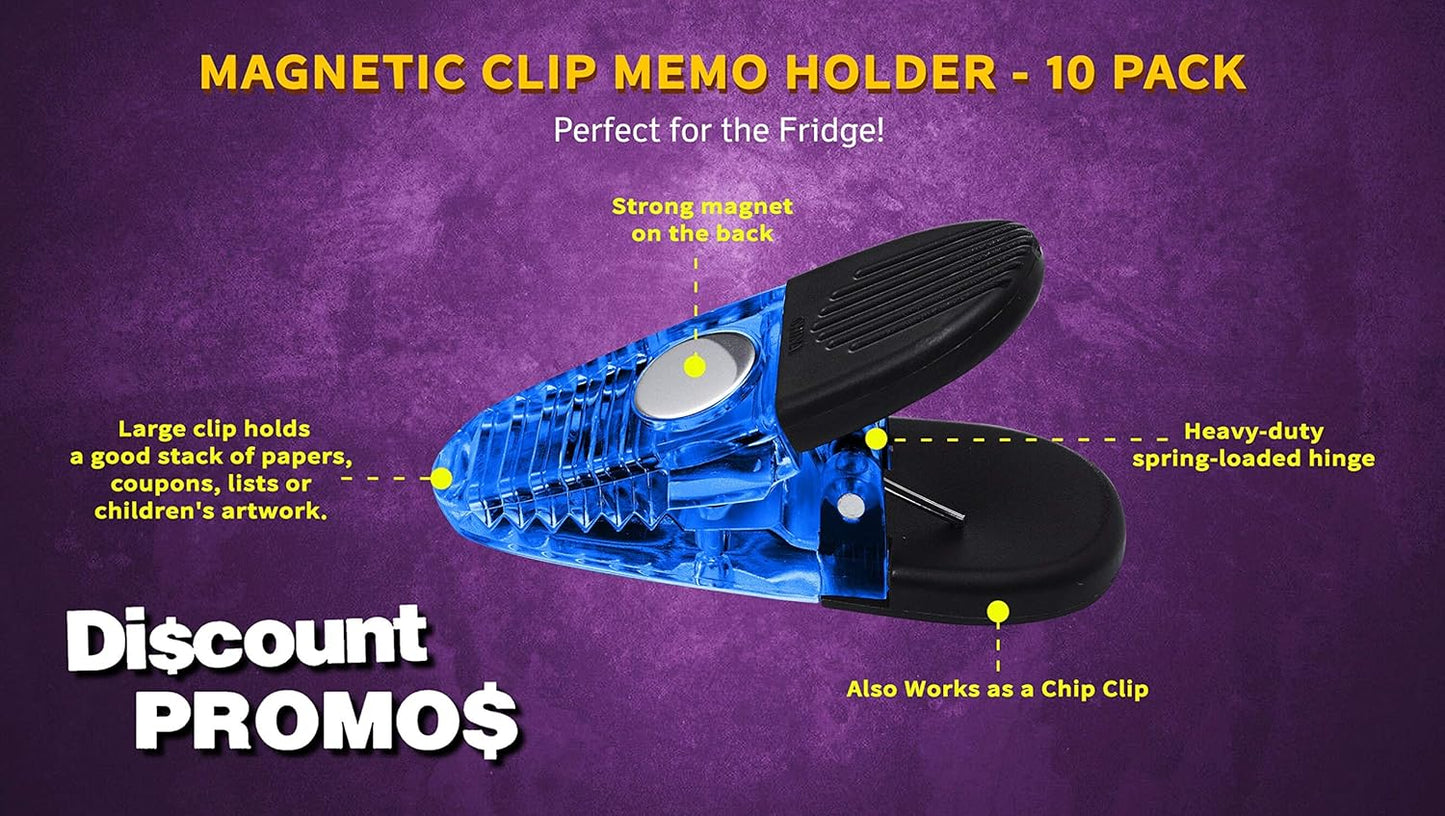 10 Magnetic Memo Holders Set - Customizable Text, Logo - Large Clip, Plastic - TBlue