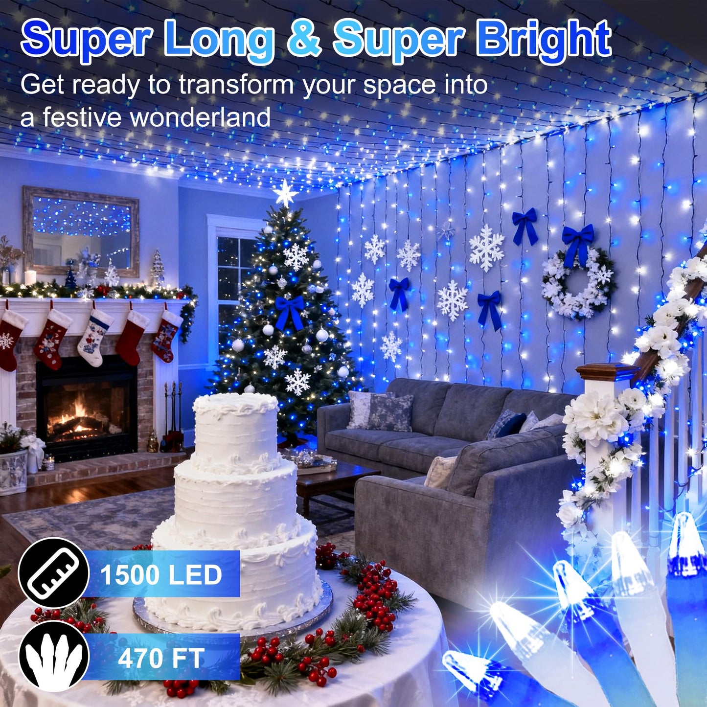 1500 Led 470Ft Christmas String Lights Outdoor  12 Pro Modes And Timer Memory & Brightness  Plug In Waterproof Clear Wire Twinkle Light For For Xmas Yard Tree Wedding Party Decor (Blue & White)