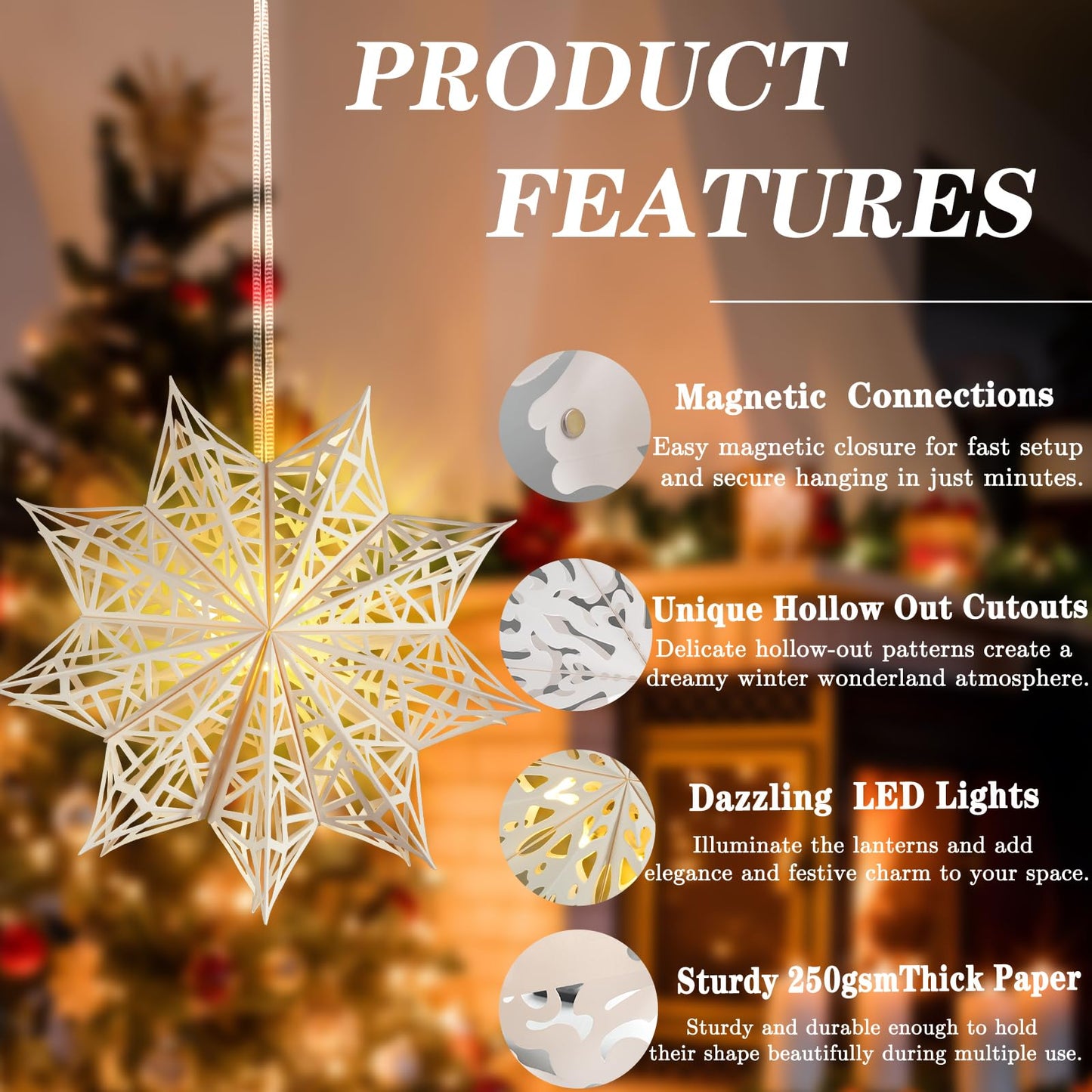 10 Pcs Christmas Paper Snowflake Lanterns  Large Christmas Paper Star Lanterns With Led Lights White Hanging Snowflake Lamp Ornaments For Xmas Winter Frozen Weddings Birthday Holiday Party Decorations