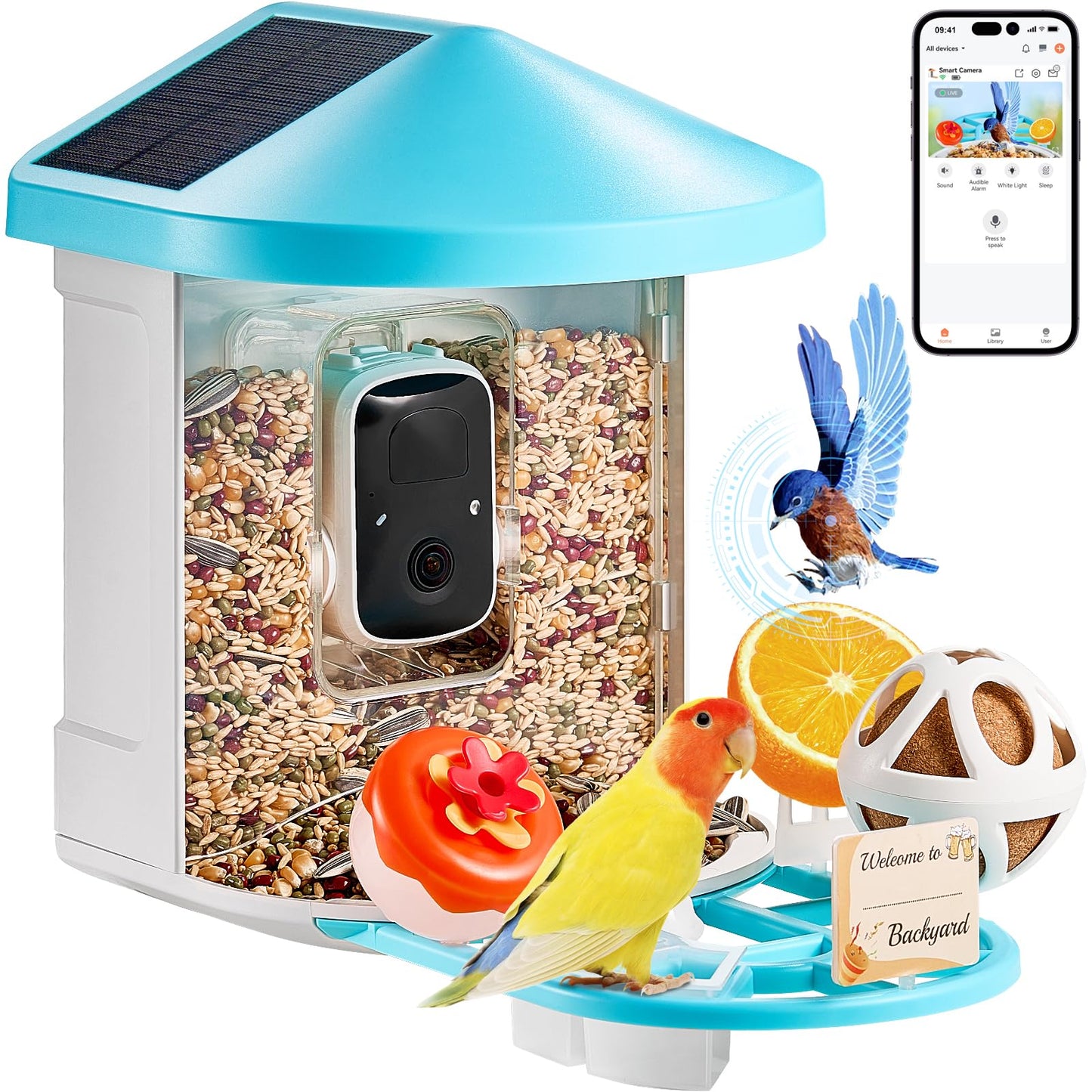 Happybuy Smart Bird Feeder with Camera, 2K HD AI to Identify Over 10000 Bird Species, Solar-Powered with 3 Panels, Auto Capture & Instant Notify for Outdoor Bird Watching, Ideal Gift for Bird Lovers