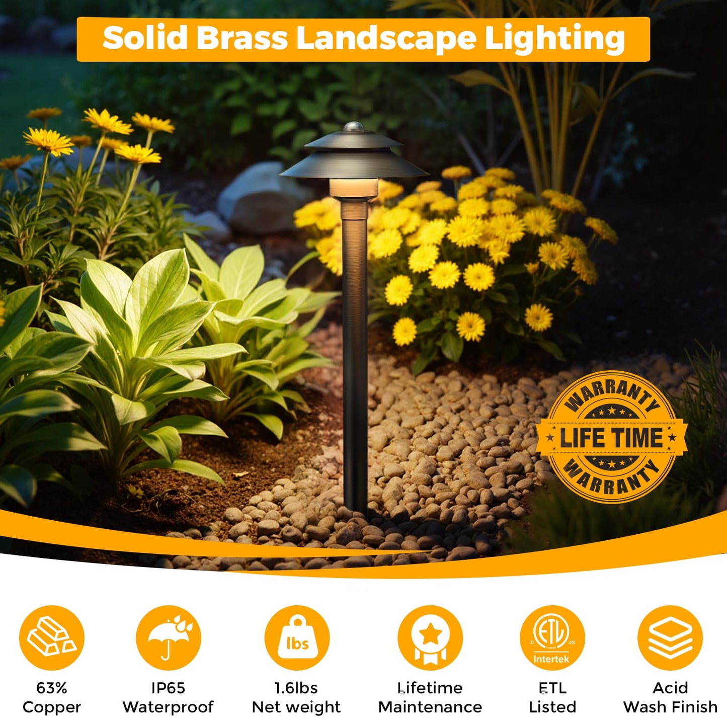 Gardencoin Solid Brass Low Voltage Landscape Pathway Lights (6 Shade  19 Tall)  12V Led Heavy Duty Path Lighting Outdoor Wired  Waterproof Antique Bronze Walkway Light Without G4 Bulb 6 Pack