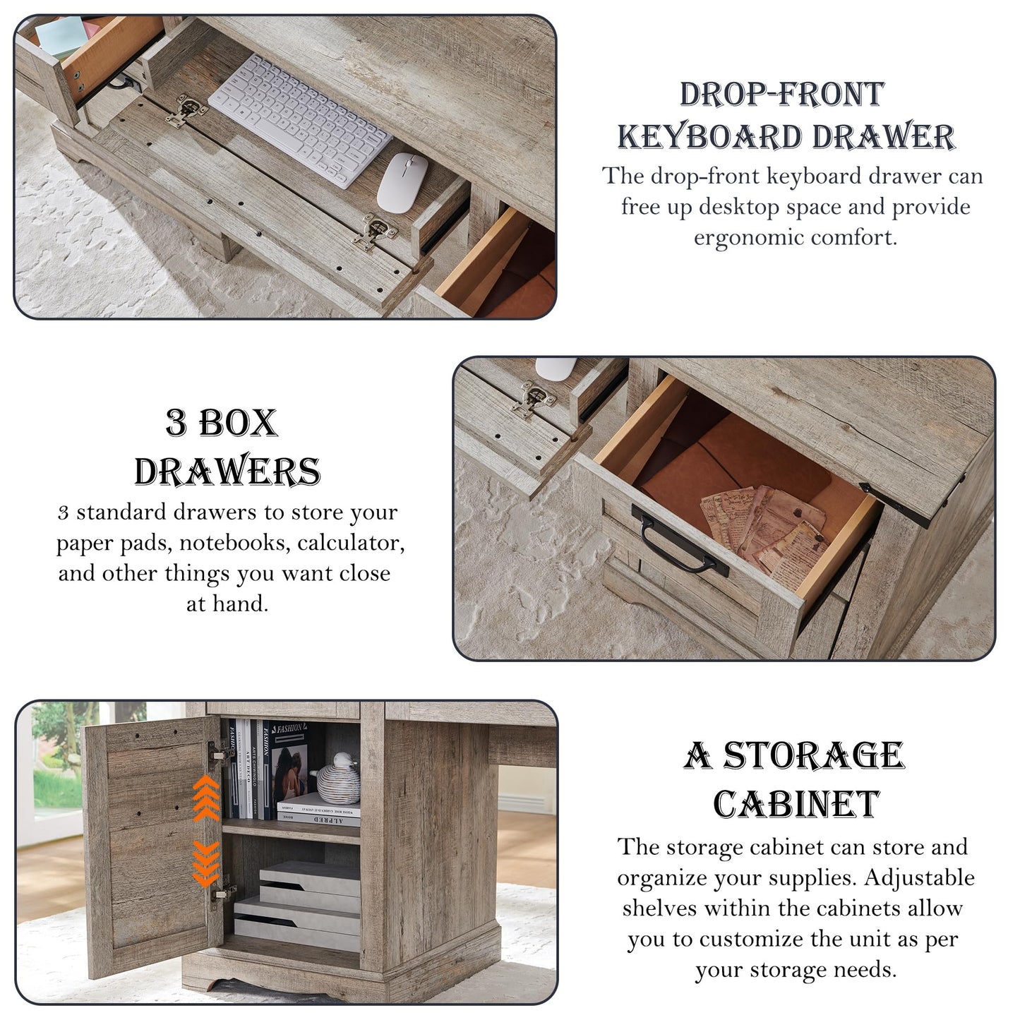 RedLemon 60" Farmhouse Executive Desk with Drawers, Wood Home Office Desk w/Charging Station, Keyboard Tray, File Drawer, Storage Cabinet, Rustic Computer Writing Desk (Light Rustic Oak)