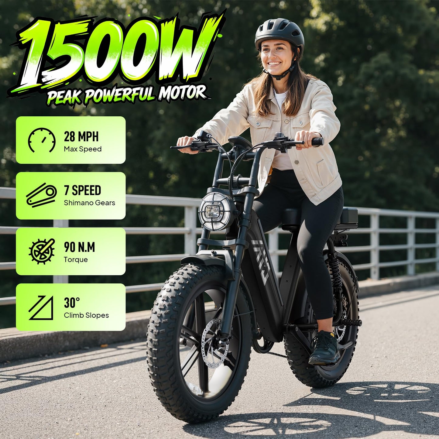 TST Electric Bike for Adults, 1500W Peak Motor Ebike with 48V 15Ah Built-in Battery, 60 Miles Range 28 MPH Electric Bicycle, 20" Fat Tire Step-Thru E Bike with Rear Seat, Rear Footrest