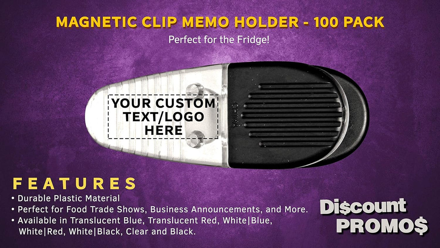 100 Magnetic Memo Holders Set - Customizable Text, Logo - Large Clip, Plastic - Clear