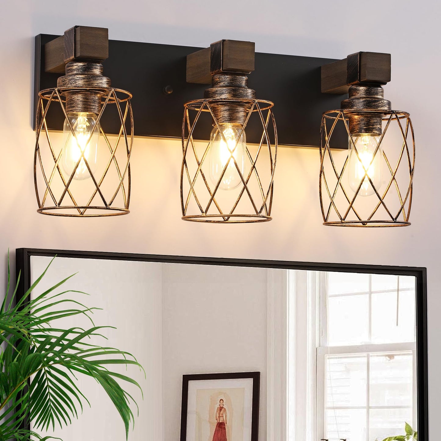 Farmhouse Bathroom Vanity Light  3-Light Wood Bathroom Light Fixtures Over Mirror  Black And Gold Industrial Vanity Lights With Metal Shade  Rustic Bathrooms Lighting For Living Room Bedroom Hallway
