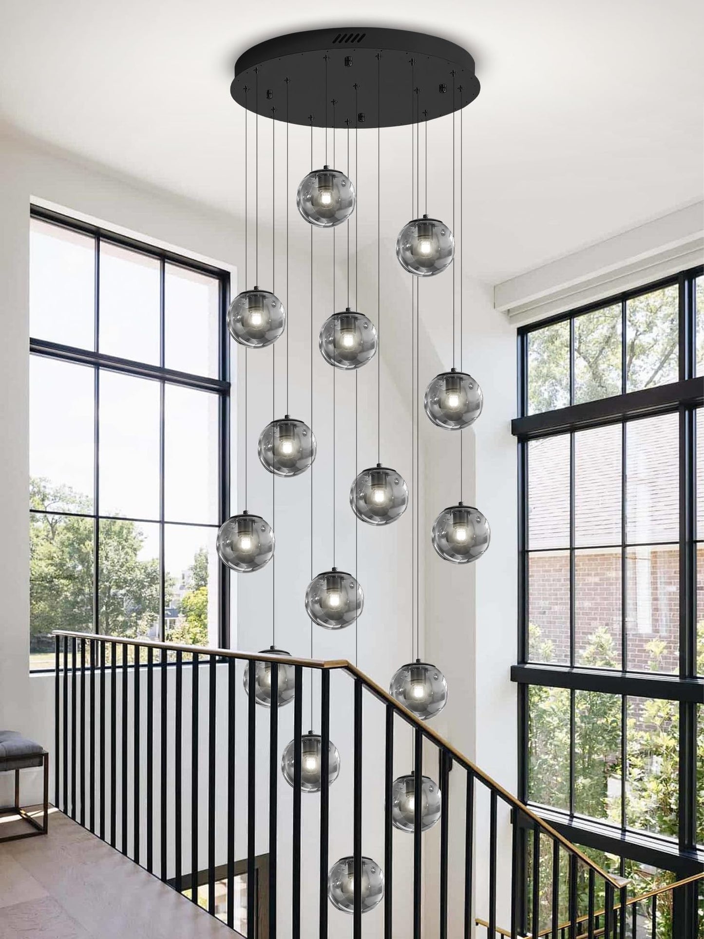 Ykolupty H138 Modern Smoke Gray Glass Globe Chandelier Large Chandeliers For High Ceiling 15-Lights Entryway Modern Lighting Fixture Glass Globe Pendant Light For Living Room Foyer Hallway