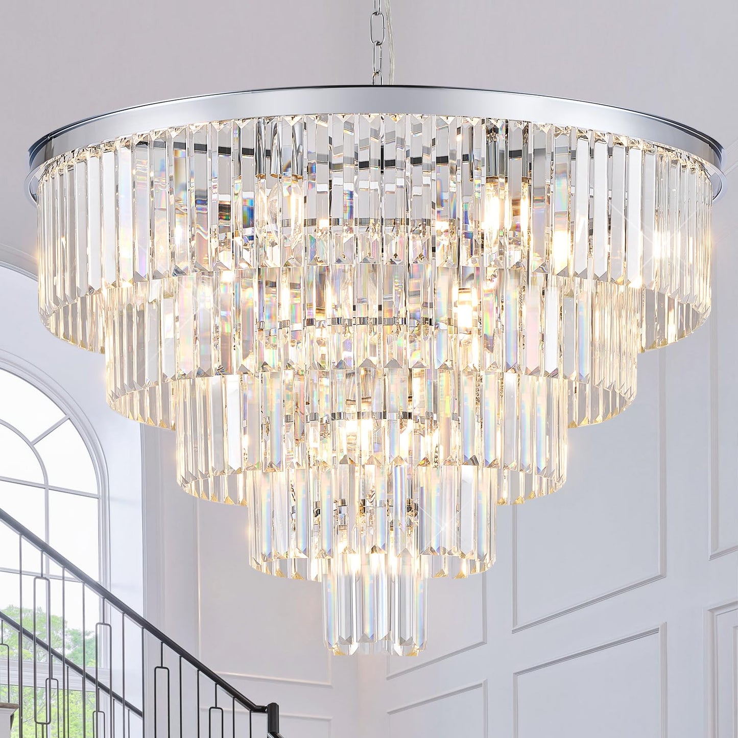Catiner Large Crystal Chandeliers Modern Chrome 30  Chandelier For Foyer Staircase stylish 5 Tiers 16 Lights K9 Ceiling Pendant Lighting Fixture For Living Room Dining Room Bedroom