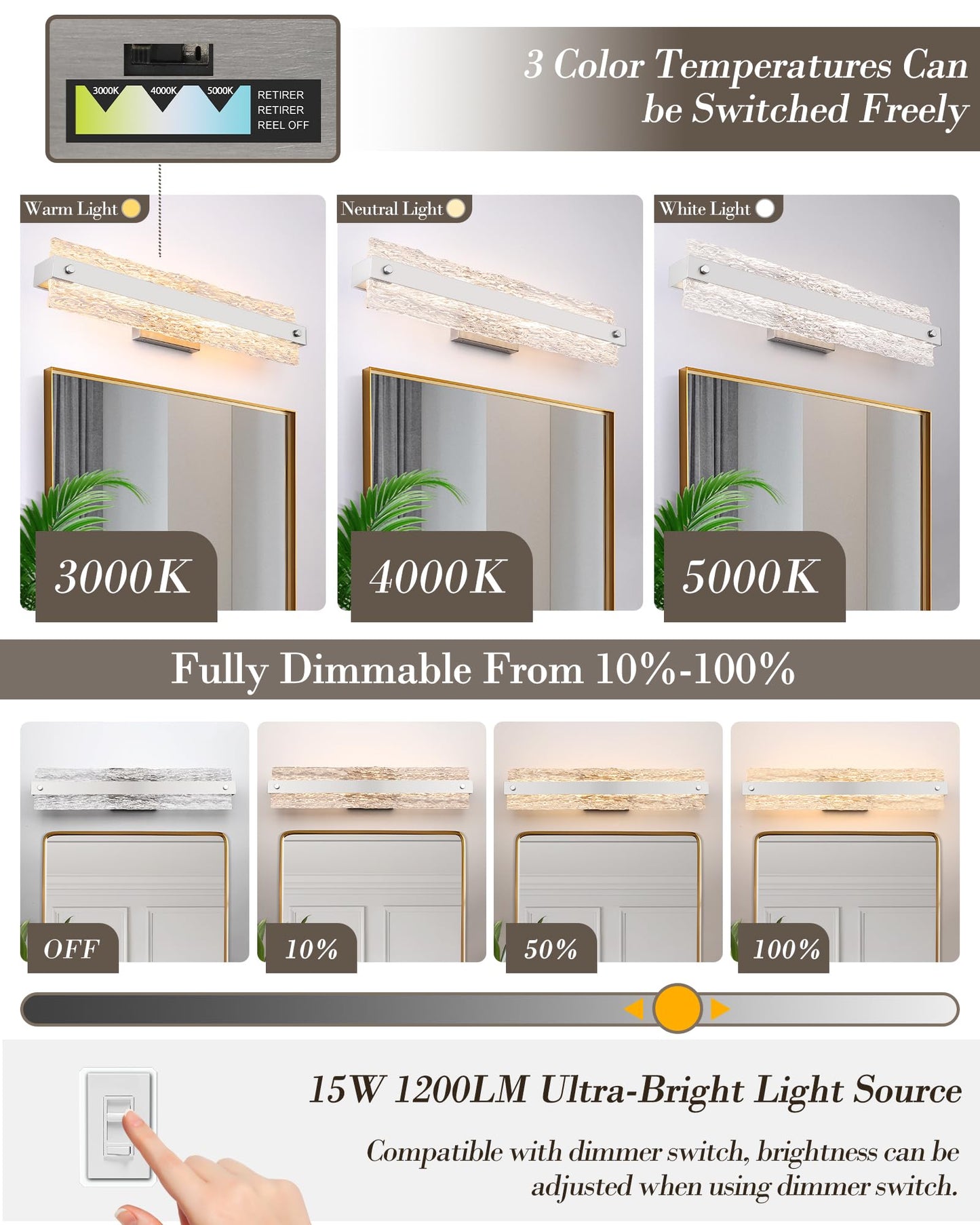 Osimir Brushed Nickel Led Bathroom Vanity Light  24.4 Inch 15W Modern Dimmable Bathroom Light Fixture Over Mirror  Crystal Bar Wall Sconce Lighting For Bath  3Cct  Os-Mm5001-3Bn