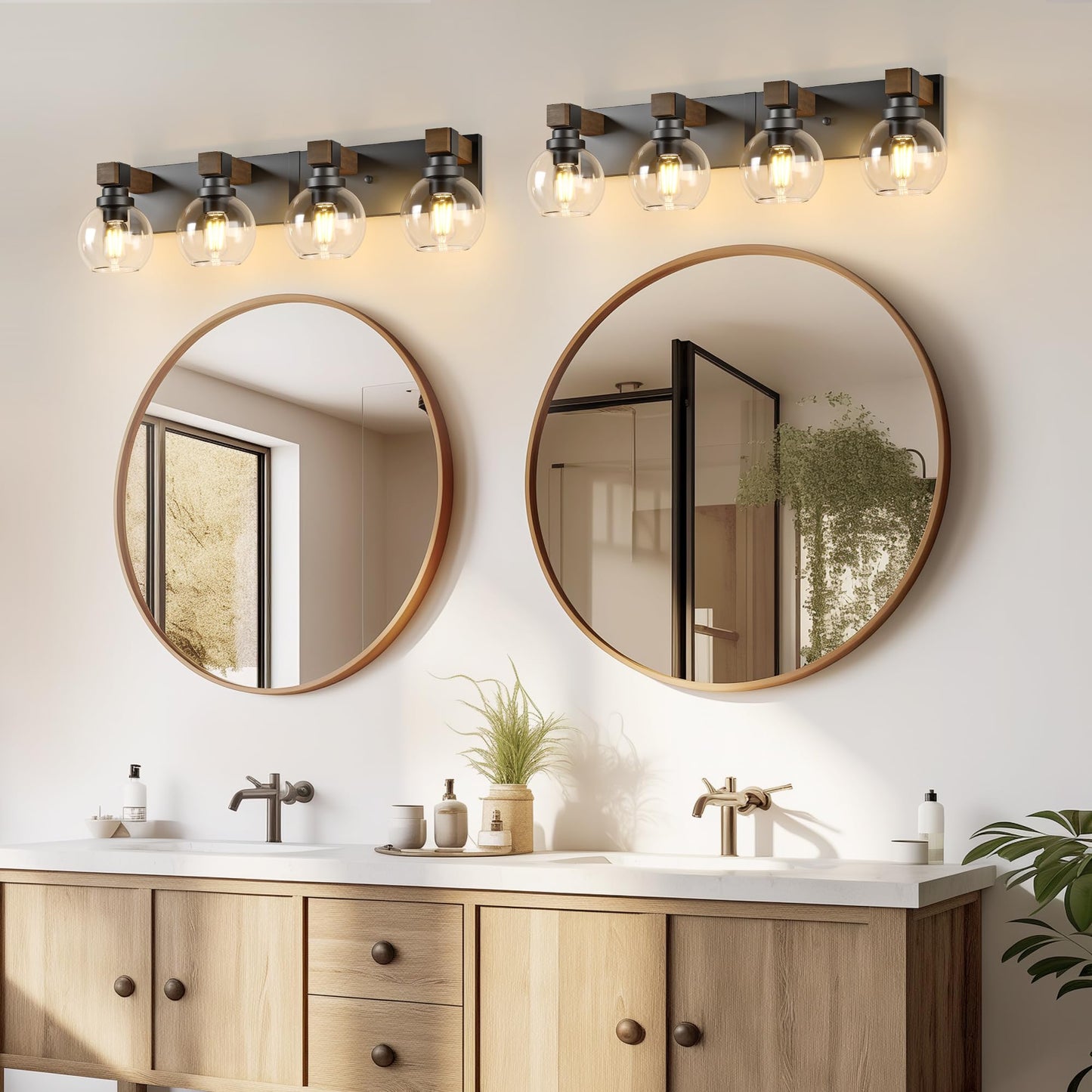 Farmhouse Bathroom Vanity Light Fixtures  4-Light Wood Bathroom Light Fixtures Over Mirror  Rustic Sconces Wall Lighting With Glass Shade For Living Room  Bedroom  Hallway