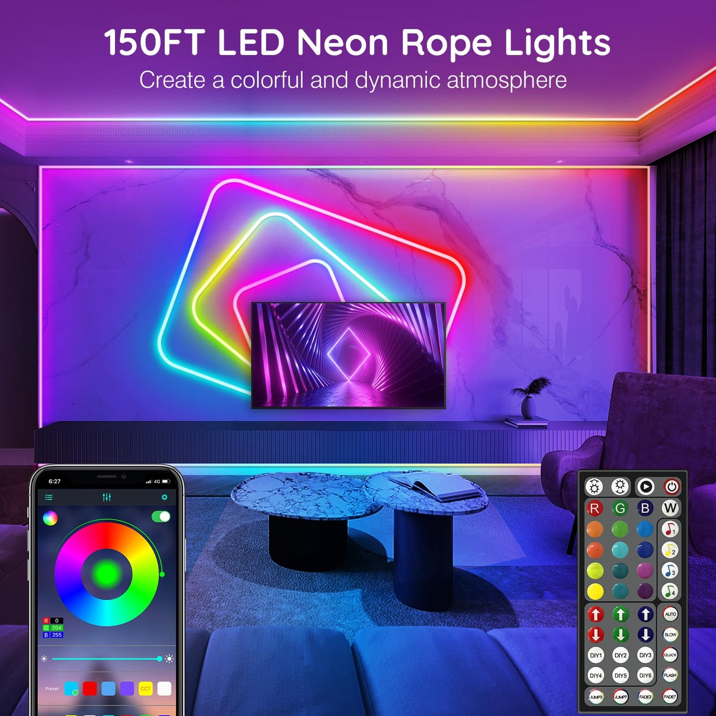 Ailbton 150Ft Led Neon Rope Lights Control With App/Remote Flexible Led Rope Light Multiple Modes Ip65 Outdoor Rgb Lights Waterproof Music Sync Gaming Led Neon Strip Light For Bedroom Decor (150Ft)