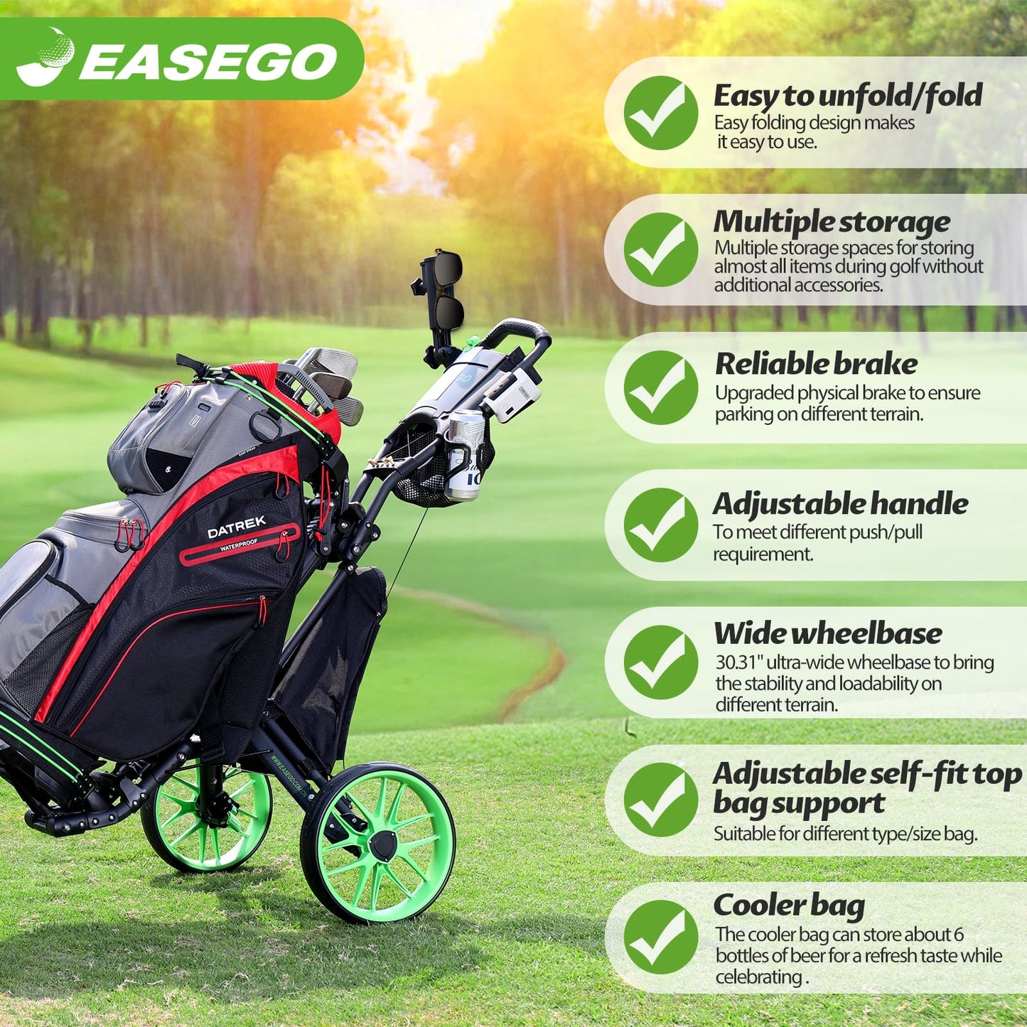 EASEGO Golf Push Cart 3 Wheel : 360° Swivel Front Wheels with Phone Holder/Cup Holder/Umbrella Holder/Foot Brake Quick Fold Golf Walking Push Pull Carts All-Terrain Golf Caddy Carts(Lime Green)