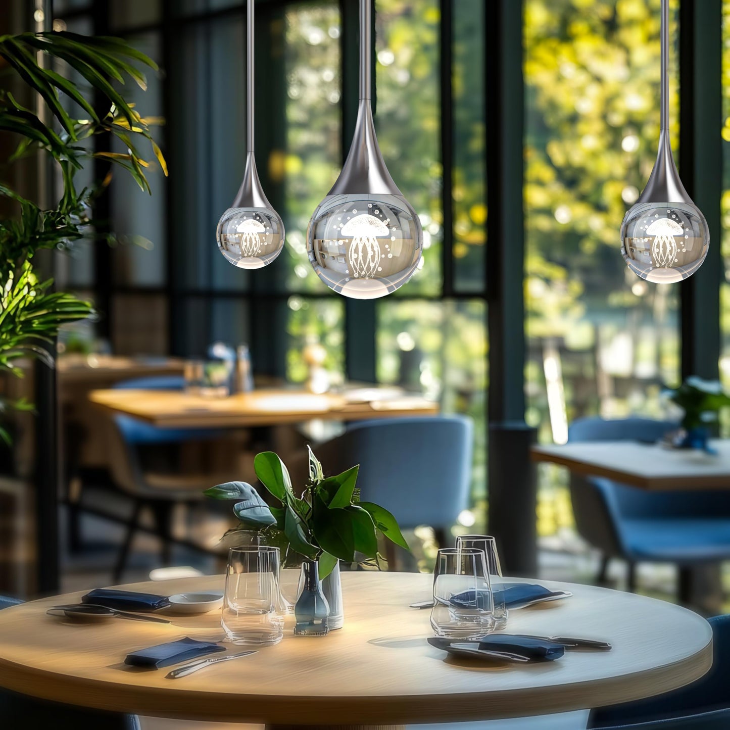 3-Pendant Lights Kitchen Island  Chrome Silver Crystal Globe Ceiling Hanging Light Fxitures  Led Lamp Metal Rod Ceiling Jellyfish Pendant Lighting For Kitchen Dining Room Bar