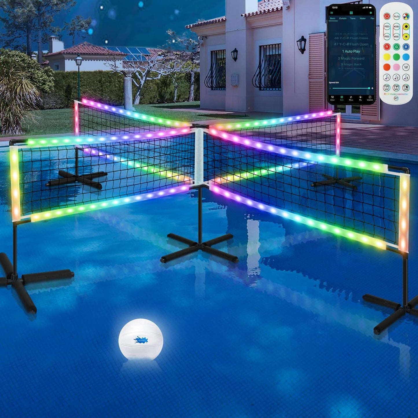 LED 4-Way Pool Volleyball Net, Light-Up Four Square Volleyball Pool Game Set with LED Water Balls, App & Remote Control, Music Sync – 4-Player Swimming Pool Party Toy Game for Adults & Family
