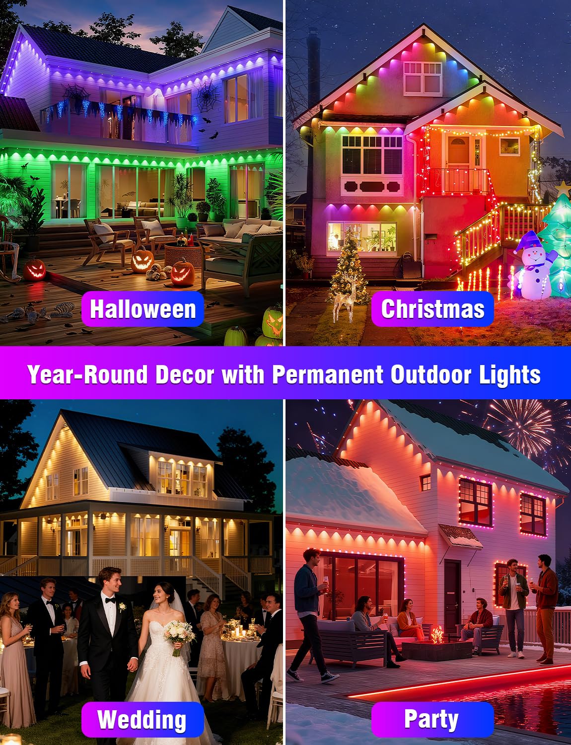 Permanent Outdoor Lights 147Ft With 54 Rgbic Led Smart Led Lights  App/Remote Control Ip68 Waterproof For Holiday Decor  50 Scene Modes  Diy Lights Lighting Timing For Christmas Halloween Party M2